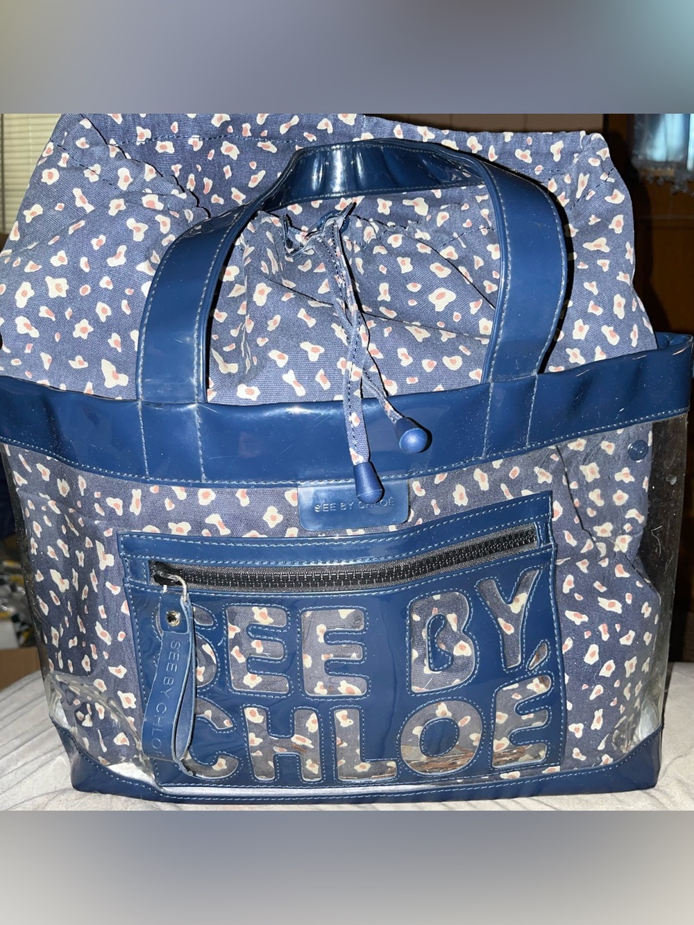 See By Chloe Navy Patent Trim PVC Tote with Removable Inner Drawstring Liner - Picture 2 of 10